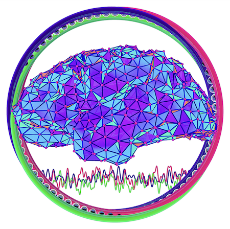 Colorful triangulated image of a brain in a ring and soundwaves in the background