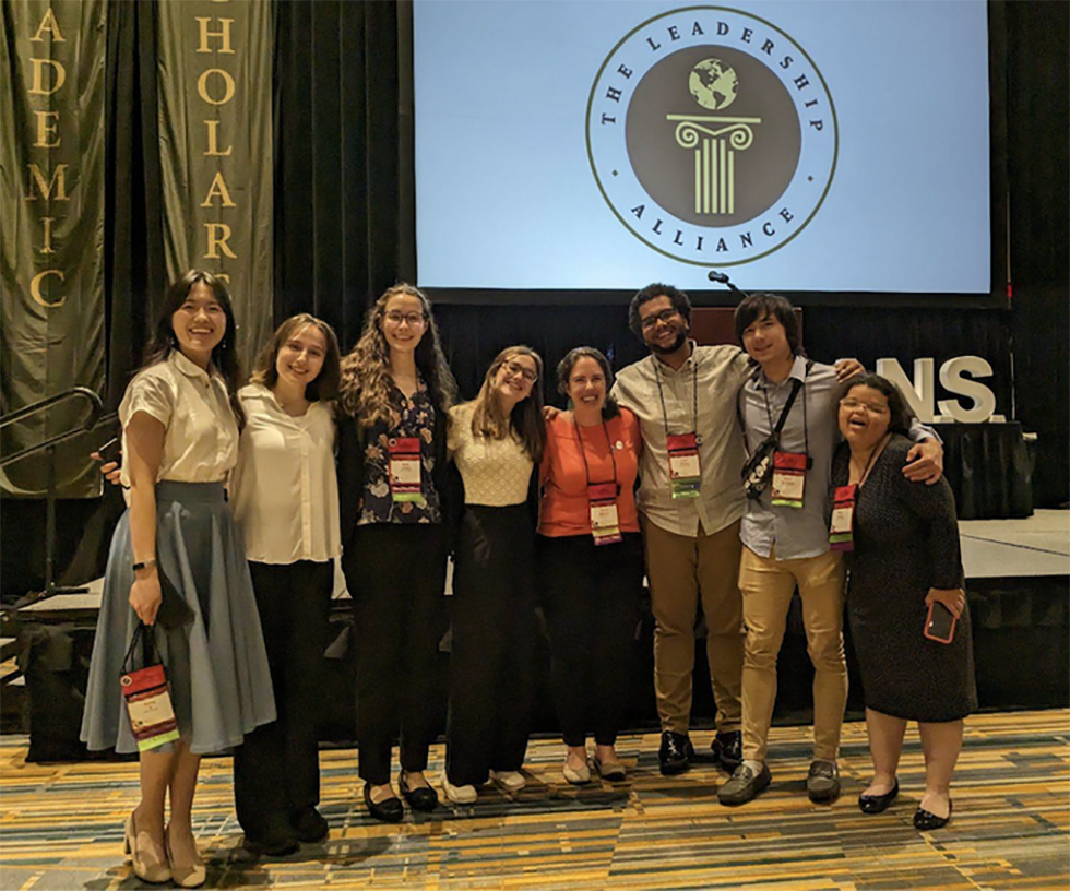 Representatives from the 2023 Carney Summer Scholars at The Leadership Alliance National Symposium in Hartford, CT. From left: Sylvia E, Rachel Kaniuk, Sofia Juliani, Ainsley Bonin, Carney’s assistant director of training Kristin Webster, Mary Avella